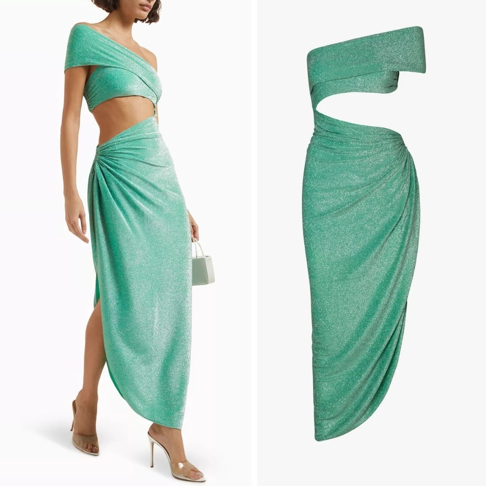 Baobab Aury Maxi Dress Emerald Green Shimmer One Shoulder Midi Dress Size Large
